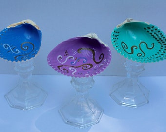 Blue, Purple, and Turquoise Hand-Painted Scallop Shell Pedestal Ring Holder