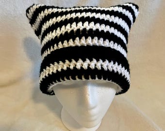 Handmade Crochet Cat Ears Beanie – Striped Acrylic Winter Hat