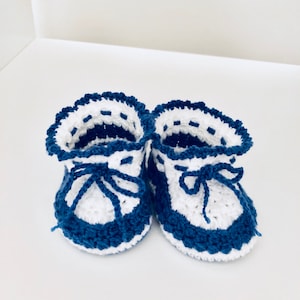 New Baby boy crocheted booties, white & blue, newborn - 6 months, great baby shower gift or gender reveal party gift