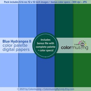 Puede incluir: Pack de papel digital Blue Hydrangea II que incluye seis imágenes de 12x12 pulgadas en tonos azules y verdes. El paquete también incluye un archivo de bonificación con una paleta de colores completa y especificaciones de colores. Todo se trata de la tonalidad, colormusing.