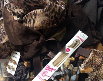 Fabric Scraps/Trims/Notions Grab Bag in brown/gold/copper/bronze!