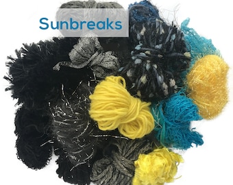 SPECIAL EDITION! Petite Scraplets yarn mini-ball collection in Sunbreaks, gray/blue/yellow luxury/metallics for embellishments & more!