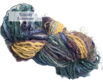 NEW COLORWAY! Scraplet Skeins unique hand-tied art yarn in Tuscan Summer (shades of lavender/aqua/gold)- 120 yds.