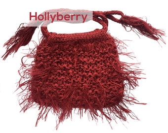 NEW! Hand-knitted, self-lined small cotton & novelty fringe yarn bag in "Hollyberry" (deep red) - OOAK, handmade gift idea!
