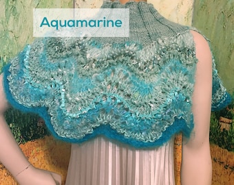 NEW! Scraplet Skeins Hand-knitted Capelet with Scallop-hem & slit in Aquamarine colorway - OOAK gift!