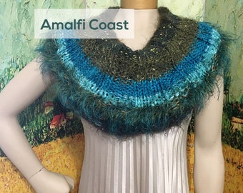 Reversible Hand-knitted Striped Cowl/Loop Scarf/Capelet Hand-knitted Sample in teal/turquoise/olive — makes a unique 1-size-fits-most gift!