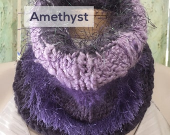 NEW! Hand-knitted Ribbed Tubular High-neck Cowl in Amethyst Scraplet Skein, purple/lavender tones - OOAK, handmade gift idea!