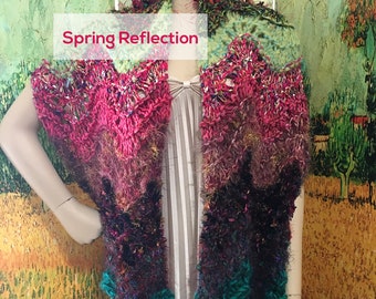 Scraplet Skeins Feather-and-Fan Scarf/Wrap Hand-knitted Sample in Spring Reflection - great OOAK gift idea!