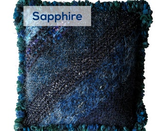Diagonal Garter-stitch 14" square Pillow Hand-knitted Sample, Multi-textured with Ruffle Trim in Sapphire