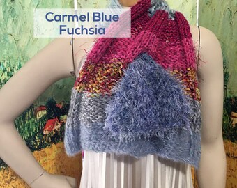 Scraplet Skeins Keyhole Scarf Hand-knitted Sample in Carmel Blue Fuchsia