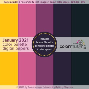 Puede incluir: Paquete de papel digital con seis imágenes de 30,48 cm x 30,48 cm, que presenta una paleta de colores de enero de 2021. El esquema de color incluye tonos de amarillo, rosa, morado, azul marino y negro. Incluye un archivo adicional con la paleta completa y especificaciones de color.