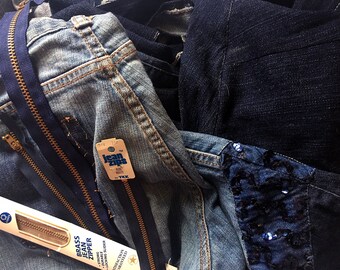 Fabric Scraps/Trims/Notions Grab Bag in denim blues!
