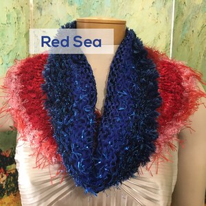 Hand-Knitted Ribbed Cowl: Red Sea Scraplet Yarn, OOAK Gift