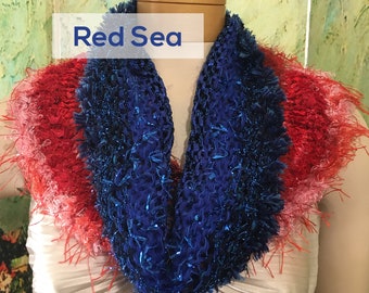 Hand-Knitted Ribbed Cowl: Red Sea Scraplet Yarn, OOAK Gift