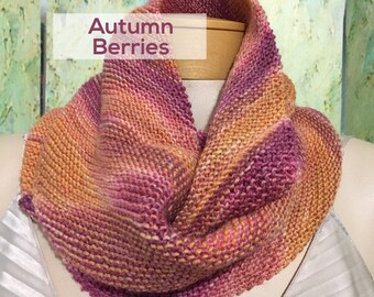 NEW! Hand-knitted Infinity Scarf in cotton/wool, berry/mauve/orange/gold - OOAK, handmade gift idea!
