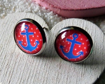 Anker Ohrstecker 12 mm in 304 Edelstahl, blau rot, maritime Cabochon Ohrstecker