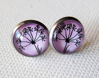 Cabochon Ohrstecker 12 mm mit Pusteblume, 304 Edelstahl, rosa Motiv