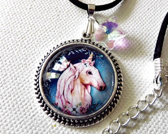 Unicorn cabochon necklace, ribbon necklace, pink unicorn, fairytale jewelry