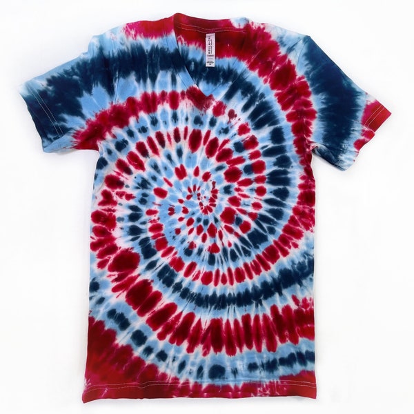 Tie dye t-shirt V neck, Red White and Blue Spiral Unisex Shirt, Jersey Cotton