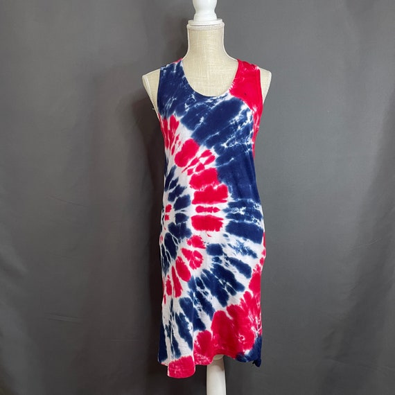 Red, White, and Blue Tie Dye Dress, Ladies' Razorback Sleevless Cotton Dress