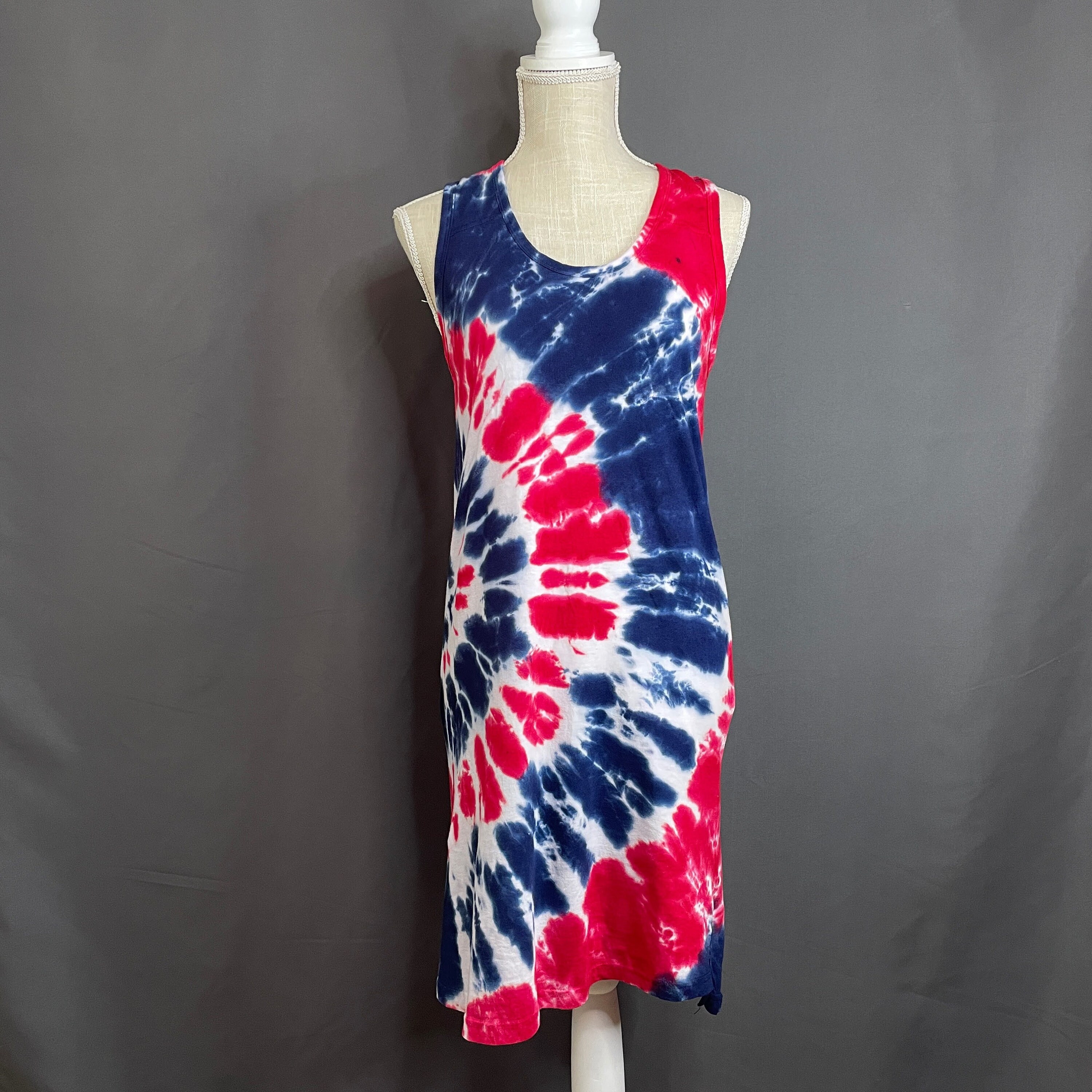 Red white and blue tie store dye dress