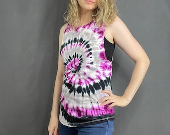 Magenta Black Grey Tie Dye Summer Tank Top, Ladies' Festival Tank, Spiral Tie Dye Design
