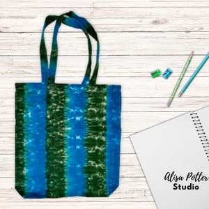 Tie Dye Tote Bag, Reusable Cloth Bag, Blue and Green Stripes Design