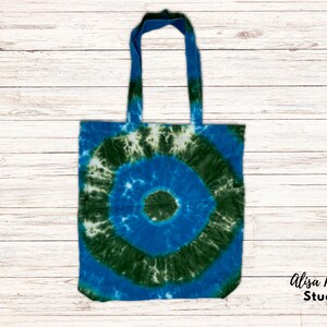 Tie Dye Tote Bag, Reusable Cloth Bag, Blue and Green Circles Design