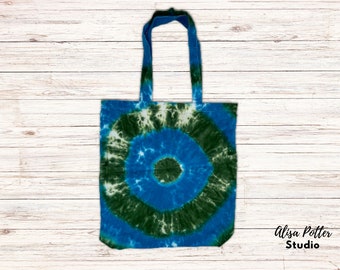 Tie Dye Tote Bag, Reusable Cloth Bag, Blue and Green Circles Design
