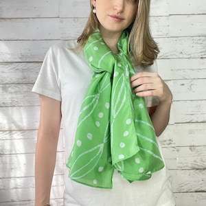 Green Silk Scarf Shawl, Rectangle Scarf, Hand Painted Batik Neck Scarf, Gift for Women