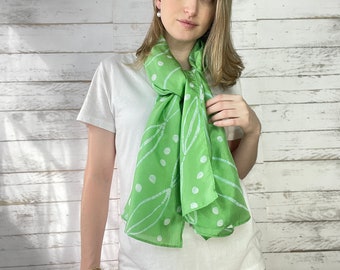 Green Silk Scarf Shawl, Rectangle Scarf, Hand Painted Batik Neck
