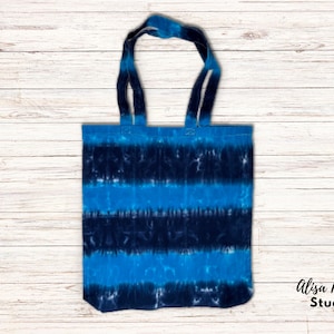 Tie Dye Tote Bag, Reusable Cloth Bag, Blue and Turquoise Stripes Design