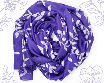 Beautiful Purple Vines Silk Scarf, Spring Fashion Accessory, Large Batik Fashion Scarf, Hand Dyed Shawl, 100% Silk, Gift for Women