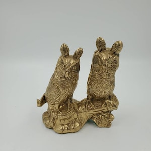 Vintage Pair of Brass Owls On Tree Limb or Stump Unmarked 6&quot; x 5&quot;
