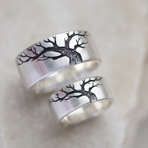 Alianças de prata da árvore da vida, Alianças de casamento personalizadas, Anéis minimalistas, Anéis combinando Yggdrasill, Anéis de promessa para ele e para ela