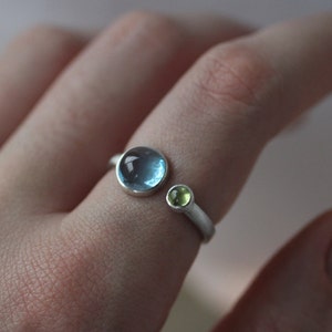 Topaz Peridot Statement Ring, Dual Stone Silver Ring, Adjustable Ring, Large Swiss Blue Topaz Cabochone Ring, 925 Handcrafted Two Stone Ring