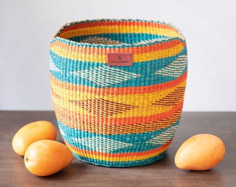 Storage Basket - Emilia - African Fairtrade Basket, Woven Vegan Planter Bolga Basket In Orange, Yellow And Teal