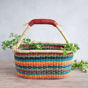 Garden Basket - Kuka - African, Fairtrade, Bolga Oval Basket In Orange, Black And Teal With Tan Leather Handle