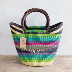 Shopping Basket - Paga - African, Fairtrade, Bolga, Colourful Market Basket With Leather Handles
