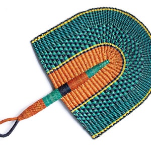 Bolga Fan - Amalfi - African Handwoven Decorative Fan In Teal and Orange