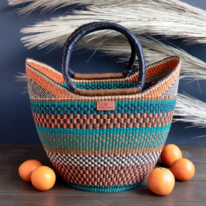 Shopping Basket - Turmeric  - African, Fairtrade, Bolga, Market Basket In Orange and Teal With Leather Handles