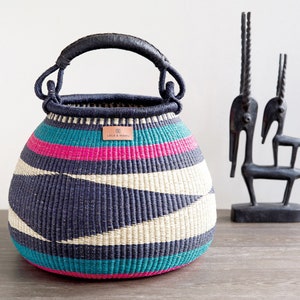 Bolga Pot Basket L - Zaare - African Fairtrade Colourful Storage Basket In Teal, Black, Natural And Pink