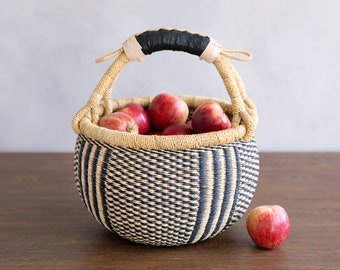 Small, Round, Bolga Basket - Julie - African, Handwoven Basket, In Natural And Black