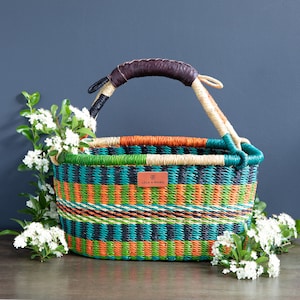 Garden Basket - Agnes - African, Fairtrade, Bolga, Oval Basket In Teal, Green And Orange With Brown Leather Handle