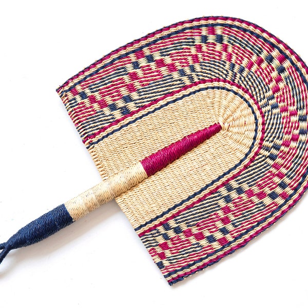 Bolga Fan - Marseille - African Handwoven Decorative Fan In Wine  And Dark Navy