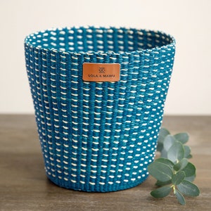 Small Storage Basket - Ripples - Fairtrade African Bolga Basket, Finely Woven Vegan Planter Basket In Blue And Natural