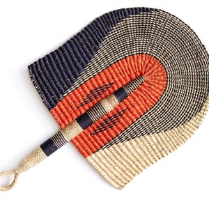 Bolga Fan - Night & Day - African Handwoven Decorative Fan In Natural, Orange and Dark Navy