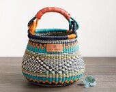 Small Pot Basket - Rikki - African Fairtrade Bolga Basket In Teal, Natural, Orange And Black