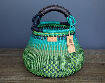 Small Round Basket Orange And Green With Leather Handle African Handwoven Basket In Pink Ginny