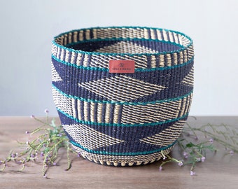 Storage Basket - Izza  - African Basket, Woven, Vegan, Planter Basket, In Natural, Black And Teal